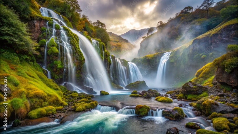 Obraz premium Patagonia Coast where a hidden, iridescent waterfall cascades down a misty, moss-covered slope