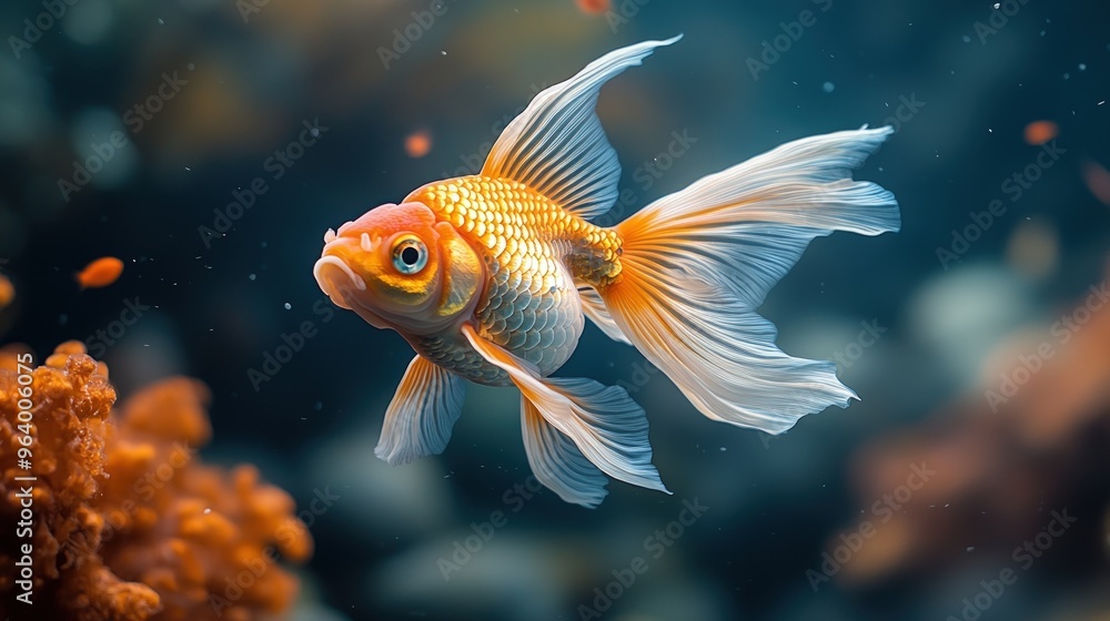 A single goldfish swims in an aquarium, its orange and white scales shimmering in the light. A single goldfish swims in an aquarium, its orange and white scales shimmering in the light.