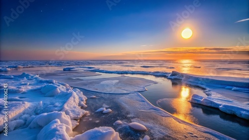 Kara Sea (Located north of Russia and west of the Taymyr Peninsula) in the evening, where the moon rises over the frozen tundra, casting an icy glow on the waves.