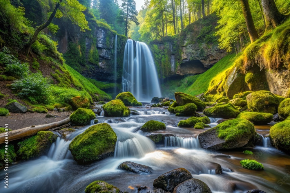 Obraz premium 3. Virgin Falls' serene vista in the afternoon, where misty waterfalls cascade down moss-covered rocks and tree-lined paths.