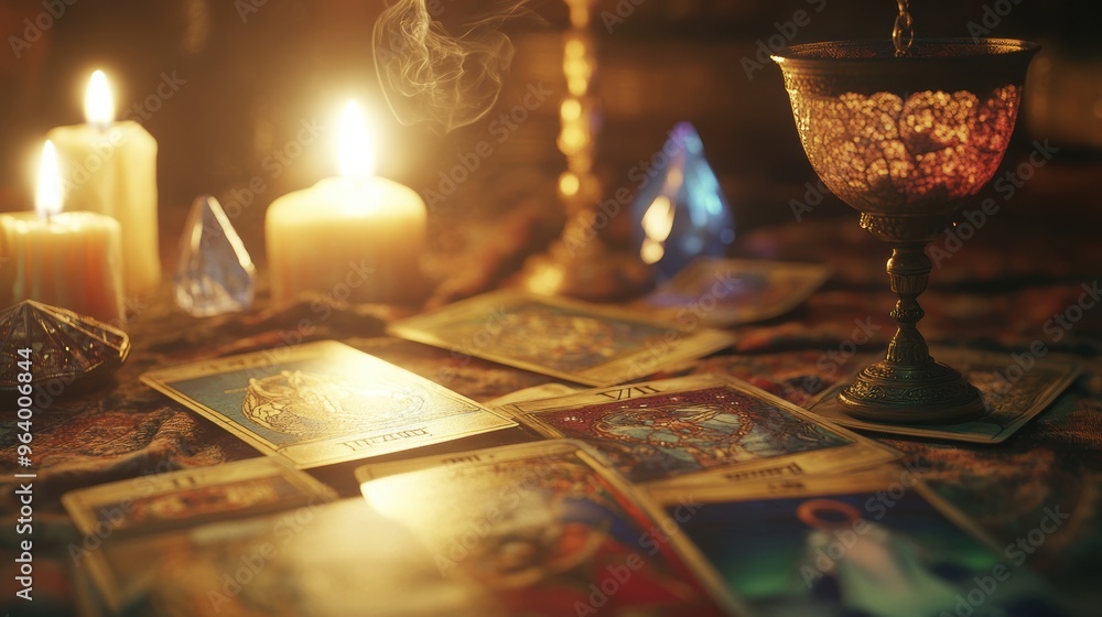 Fototapeta premium Tarot cards and a pendulum in motion, with detailed tarot cards, a crystal, and soft candlelight