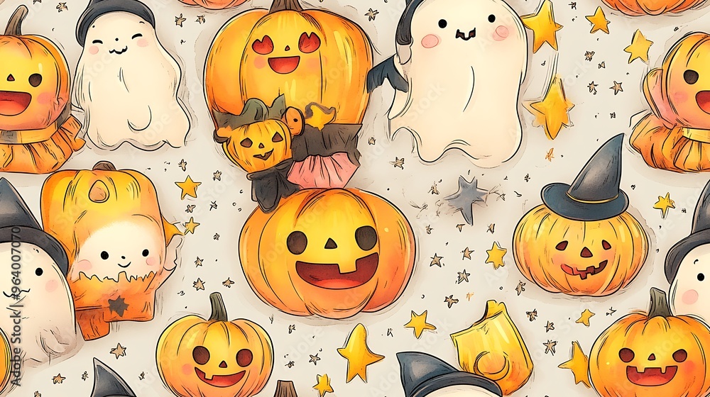Cute doodle-style seamless pattern featuring happy candy corn characters in tiny witch hats and ghost costumes, holding trick-or-treat bags, surrounded by stars, moons, and pumpkins, Cute doodle-style seamless pattern featuring happy candy corn characters in tiny witch hats and ghost costumes, holding trick-or-treat bags, surrounded by stars, moons, and pumpkins,