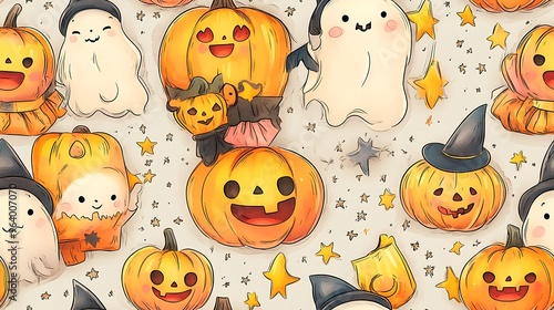 Cute doodle-style seamless pattern featuring happy candy corn characters in tiny witch hats and ghost costumes, holding trick-or-treat bags, surrounded by stars, moons, and pumpkins,