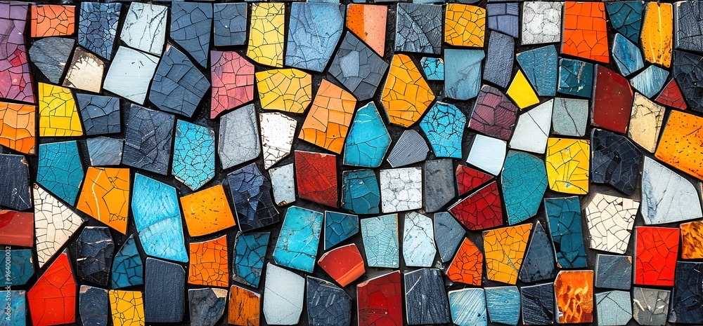A colorful mosaic tile wall with a variety of shapes and sizes. The tiles are arranged in a random pattern, creating a beautiful and textured surface. A colorful mosaic tile wall with a variety of shapes and sizes. The tiles are arranged in a random pattern, creating a beautiful and textured surface.