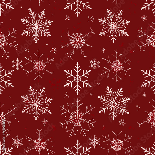 Seamless winter pattern with white snowflakes on a festive red background

