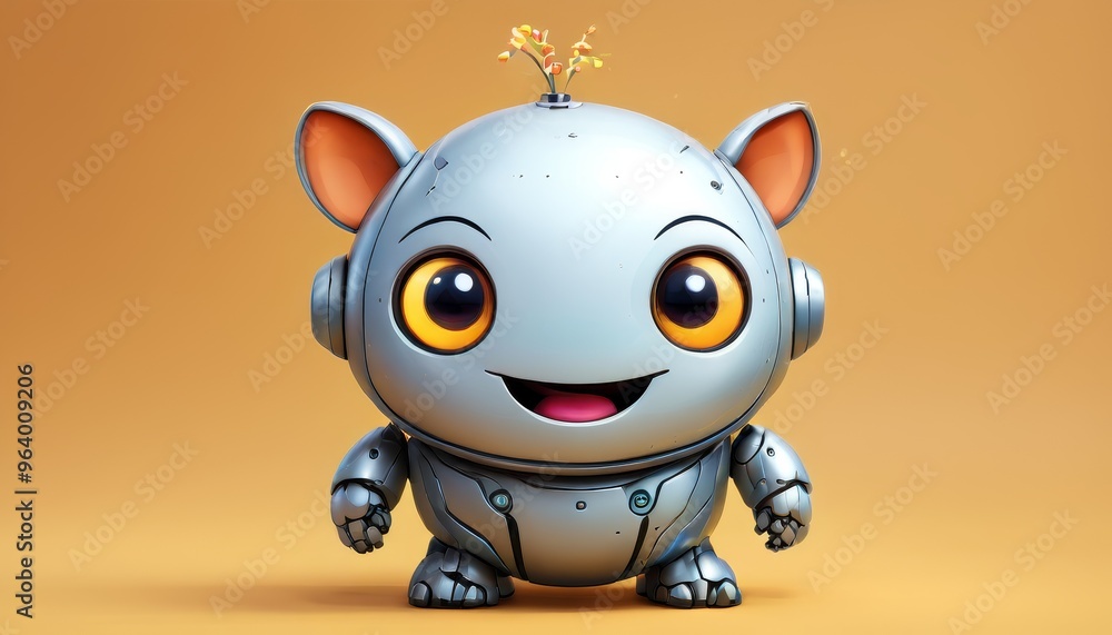 A charming round robot with large, expressive eyes, ears, and antennae standing on a yellow background. This playful design emphasizes cuteness and technological innovation, appealing to a wide A charming round robot with large, expressive eyes, ears, and antennae standing on a yellow background. This playful design emphasizes cuteness and technological innovation, appealing to a wide