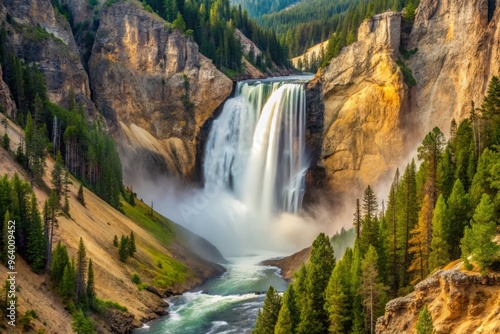 Yellowstone Falls after the rain, where the rocks themselves appear to be weeping, with water droplets streaming down their faces