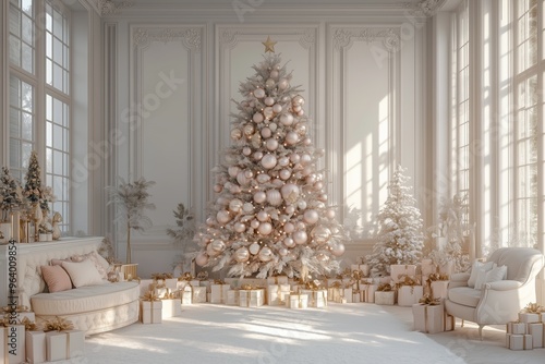 A luxurious Christmas tree adorned with pastel pink and gold ornaments stands in the center of an elegant living room with white walls and large windows