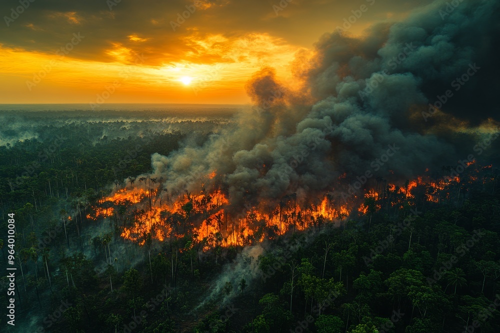 Fototapeta premium A huge forest is burning as a result of a wildfire. Generative AI