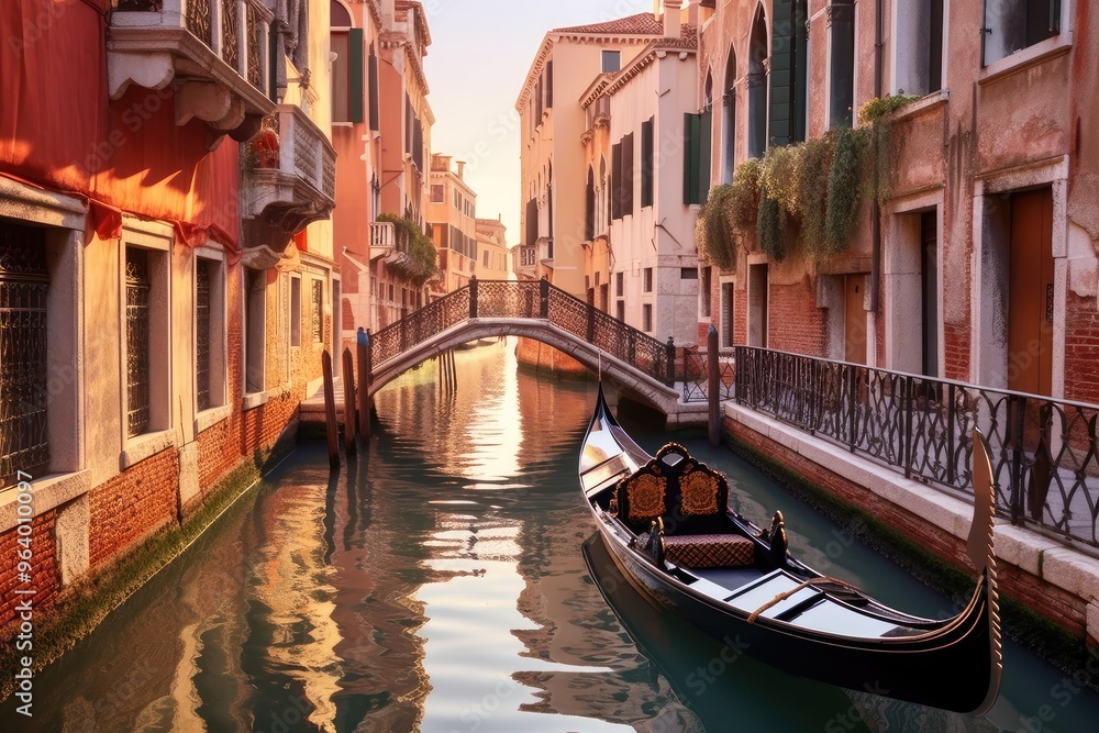 Fototapeta premium Gondola Idle in Serene Venetian Canal at Sunset
