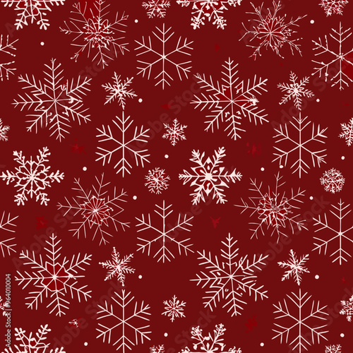 Seamless winter pattern with white snowflakes on a festive red background

