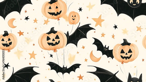 Whimsical doodle-style seamless pattern featuring bats flying with pumpkin-shaped balloons, surrounded by playful stars and moons, soft pastel colors, fun and light Halloween theme,