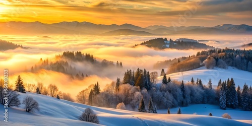 Snowy Hills: Enchanting fog rolls in, veiling snow-covered hills in an ethereal mist, as the last rays of sunlight peek through the dense fog.