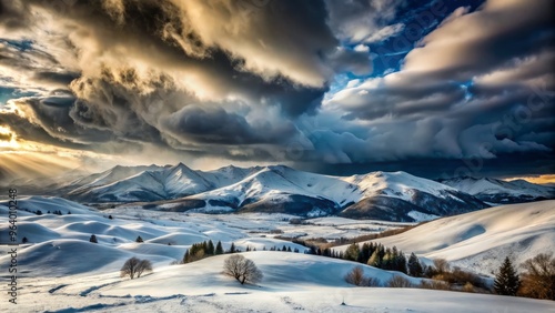 Snowy Hills: In a world of perpetual winter, snow-covered hills stretch towards the sky, their peaks hiding secrets in the swirling storm clouds.