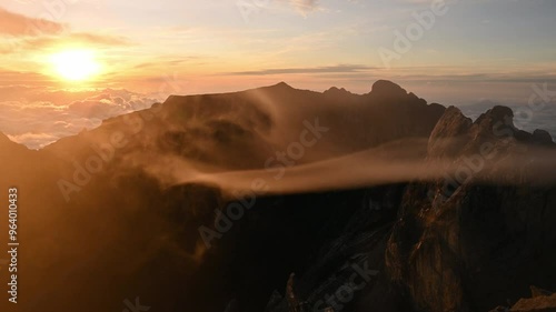 Sunrise over the Low's Gully a 1,800 m deep gorge carved out by glaciation on the north side of Mt.Kinabalu, Malaysia.