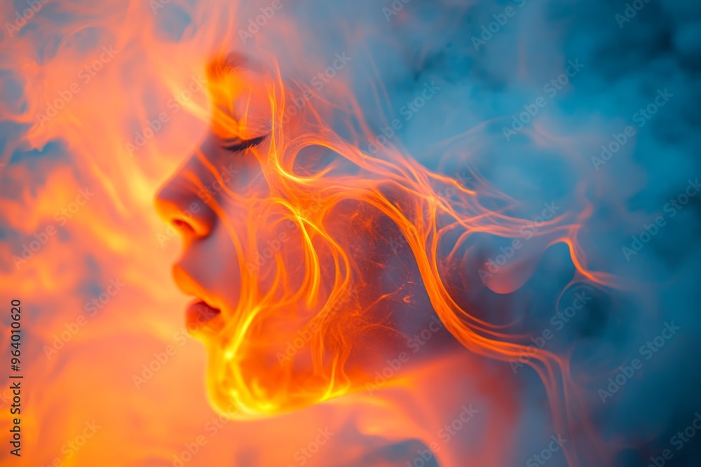 Somnology neuroimaging and neuroarchitecture woman dissolving into a vibrant orange and blue smoke symbolizing transformation energy and the abstract realm Somnology neuroimaging and neuroarchitecture woman dissolving into a vibrant orange and blue smoke symbolizing transformation energy and the abstract realm