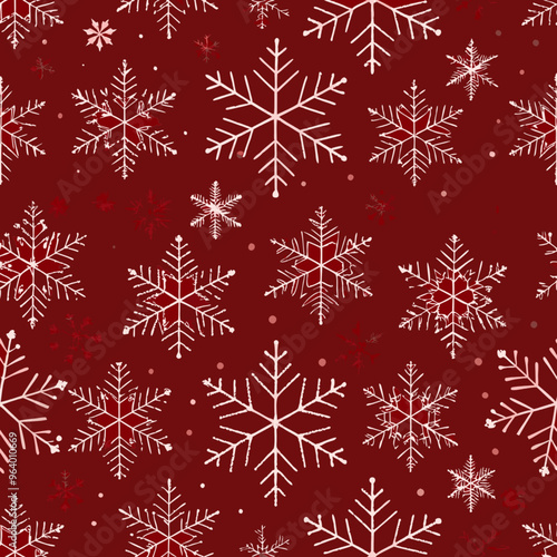 Seamless winter pattern with white snowflakes on a festive red background

