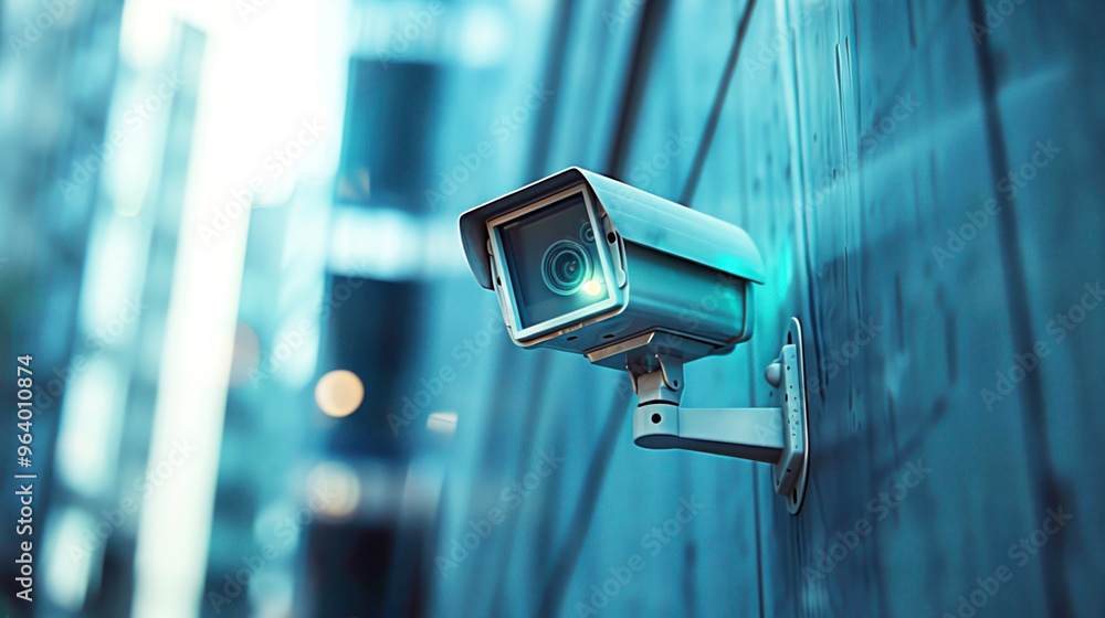 Security camera on modern blue wall in city Security camera on modern blue wall in city