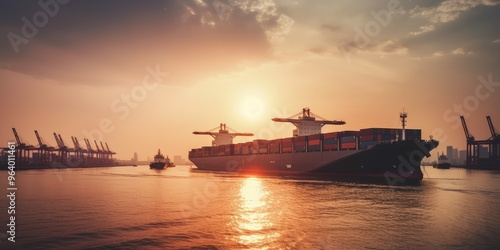 Sunset Over Industrial Shipping Port