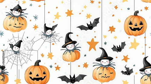 Whimsical doodle-style seamless pattern of cute spiders wearing tiny witch hats, hanging from webs, surrounded by stars, pumpkins, and playful bats, soft pastel colors,