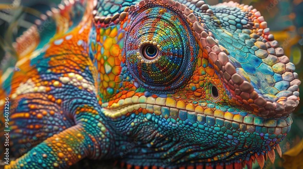 Fototapeta premium A colorful chameleon with a blue and orange head