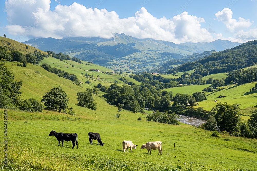 Naklejka premium Cows grazing peacefully in a lush green valley under a clear blue sky with mountains in the background during daytime hours