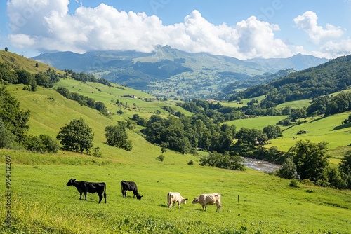 Cows grazing peacefully in a lush green valley under a clear blue sky with mountains in the background during daytime hours