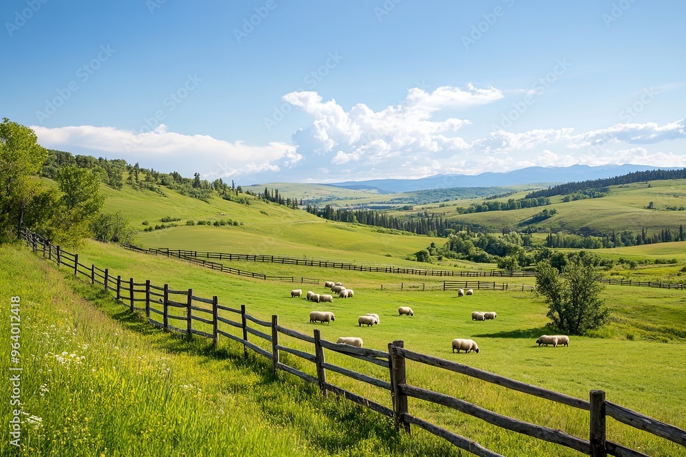 Sheep grazing peacefully in a lush green valley surrounded by rolling hills and a wooden fence under a bright blue sky Sheep grazing peacefully in a lush green valley surrounded by rolling hills and a wooden fence under a bright blue sky