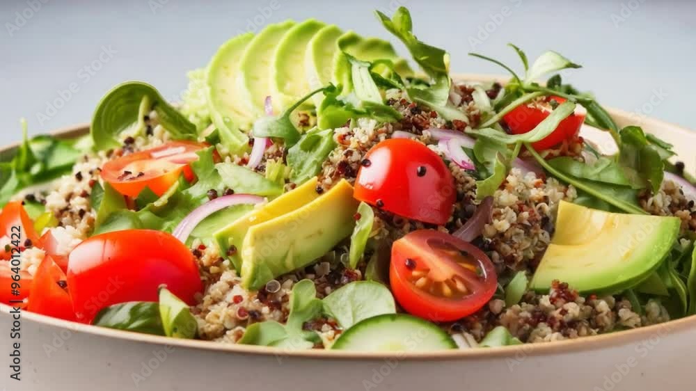 salad bowl filled with quinoa, mixed greens, cherry tomatoes, cucumbers, avocado, salad bowl filled with quinoa, mixed greens, cherry tomatoes, cucumbers, avocado,
