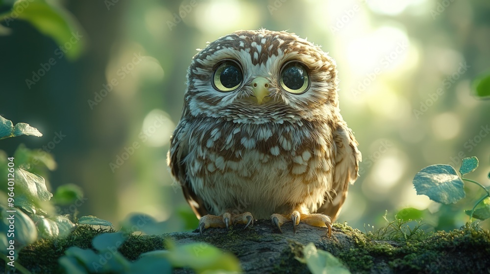 A cute baby owl with big, round eyes sits on a mossy branch in a forest. A cute baby owl with big, round eyes sits on a mossy branch in a forest.