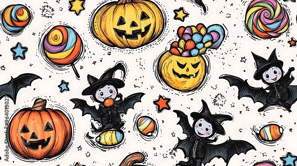 A cute doodle-style seamless pattern of tiny vampires with bat wings happily enjoying candy corn and colorful lollipops, surrounded by stars, pumpkins, and swirling candy pieces, soft pastel tones, A cute doodle-style seamless pattern of tiny vampires with bat wings happily enjoying candy corn and colorful lollipops, surrounded by stars, pumpkins, and swirling candy pieces, soft pastel tones,