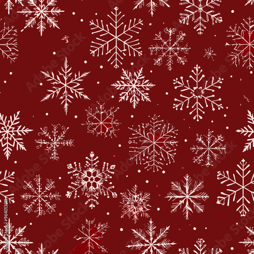 Seamless winter pattern with white snowflakes on a festive red background

