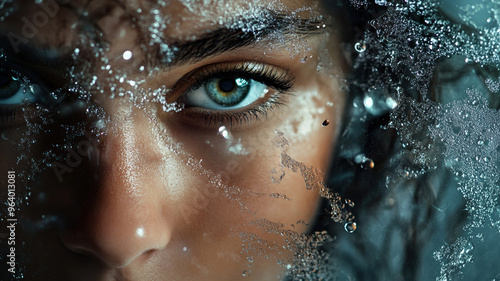 Close-Up of Woman's Face Behind Glass Covered in Water Droplets, Intense Blue Eyes and Wet Texture Creating a Dramatic and Mystical Atmosphere in Nature-Inspired Photography