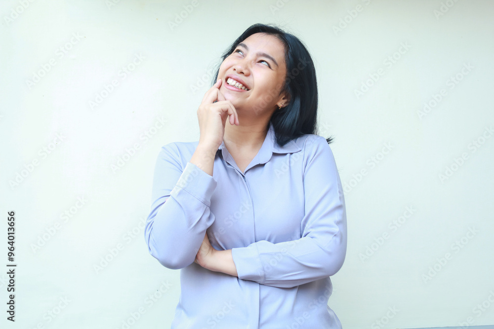 excited asian young business woman smiling with hand ond chin and folded arm looking up thinking idea solution and imagining dream, dressed in formal suit employee, isolated over white background excited asian young business woman smiling with hand ond chin and folded arm looking up thinking idea solution and imagining dream, dressed in formal suit employee, isolated over white background