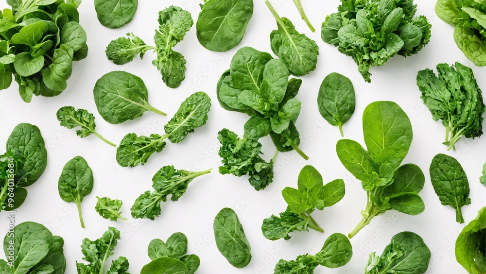 Organic herbs and greens including spinach, kale, and mint on white background with ample copy space. Garden greens concept. Organic herbs and greens including spinach, kale, and mint on white background with ample copy space. Garden greens concept.