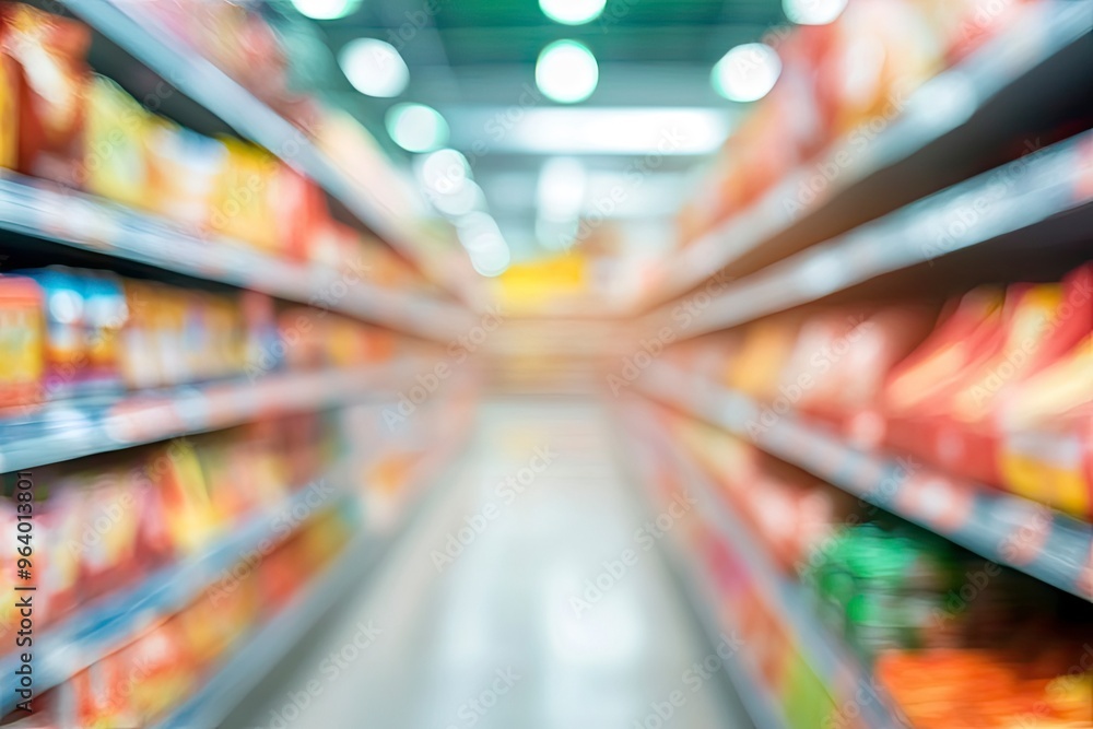 Fototapeta premium supermarket store aisle interior abstract blurred background, ai