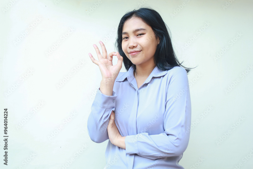 happy asian young business woman show ok sign perfection gesture look camera with confidence smile, folded arm female wear formal shirt isolated background happy asian young business woman show ok sign perfection gesture look camera with confidence smile, folded arm female wear formal shirt isolated background