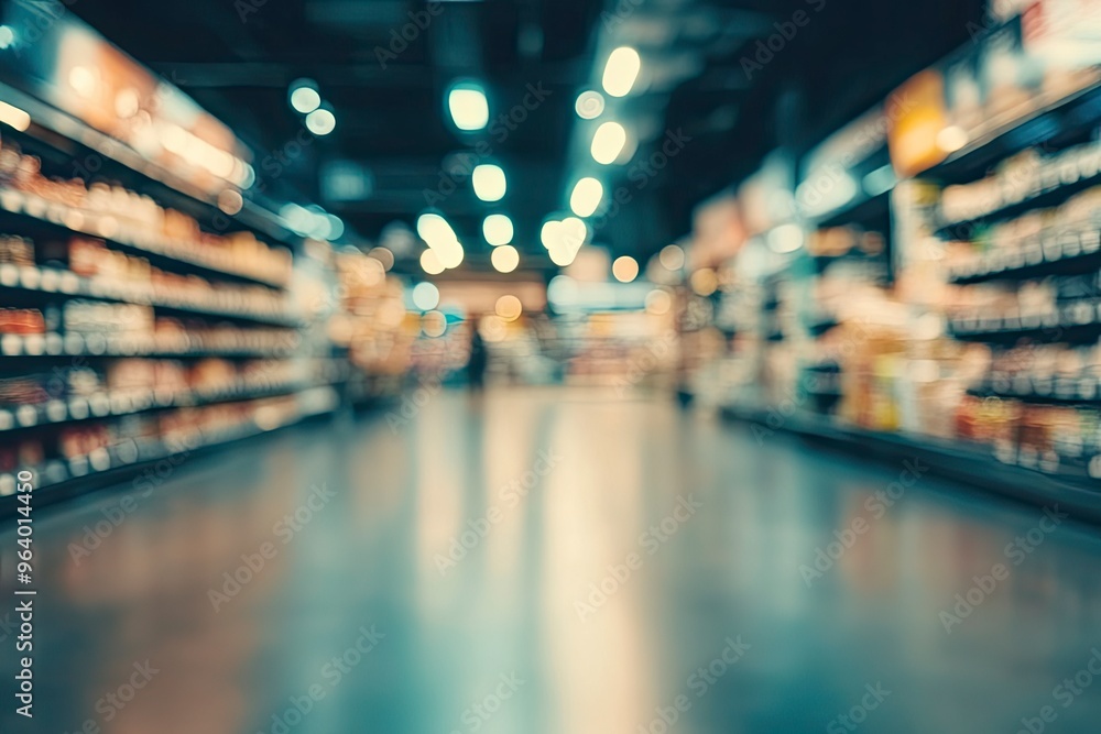 Obraz premium supermarket store aisle interior abstract blurred background, ai