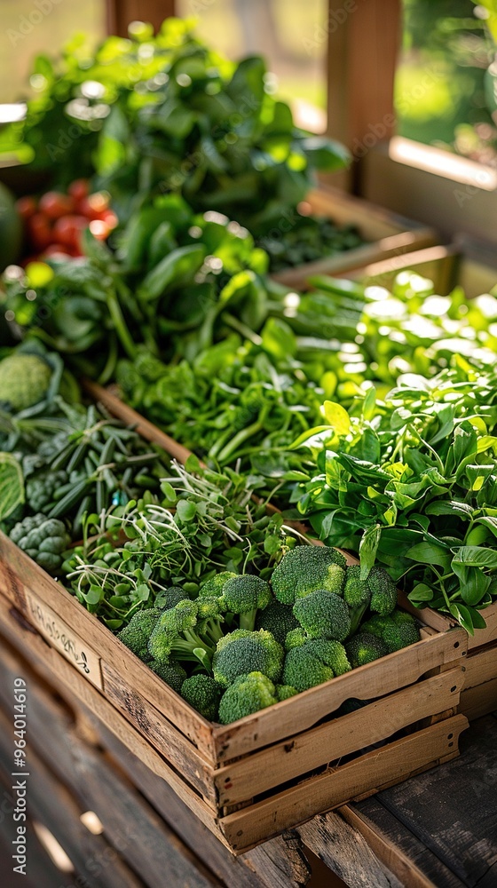 A crate of vegetables including broccoli and spinach A crate of vegetables including broccoli and spinach