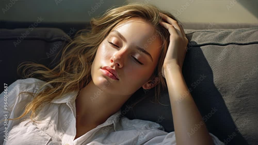 A woman with a headache is resting on the sofa at home. A woman with a headache is resting on the sofa at home.