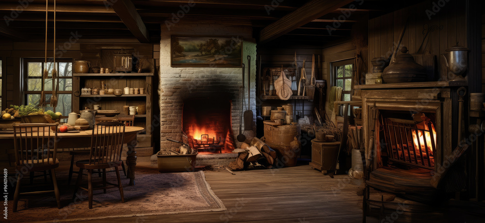 Rustic Cabin Interior with Warm Fireplace Ambiance Rustic Cabin Interior with Warm Fireplace Ambiance
