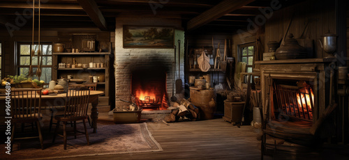 Rustic Cabin Interior with Warm Fireplace Ambiance