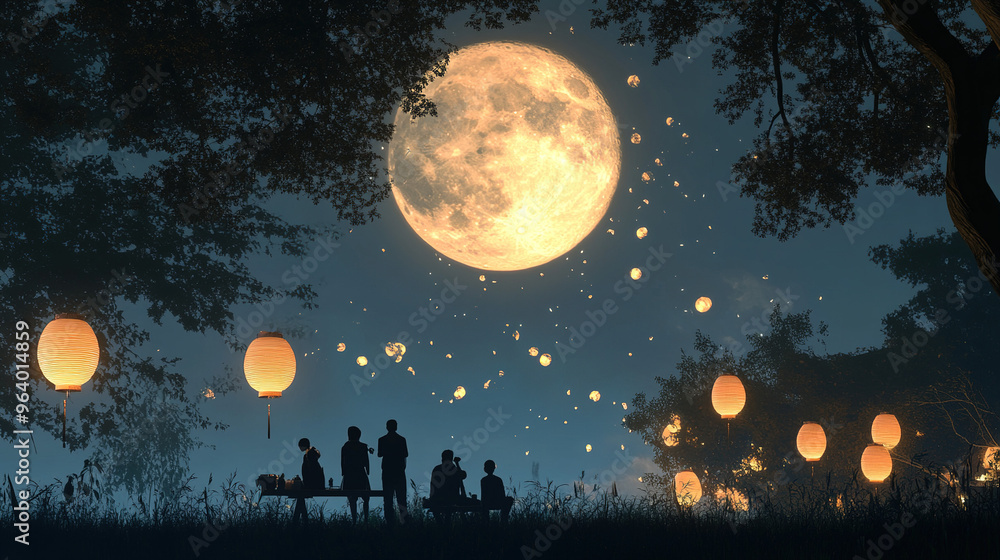 Fototapeta premium A peaceful night scene with a full moon hanging high in the sky, traditional Chinese lanterns glowing softly, and a family gathering outdoors to celebrate the Mid-Autumn Festival.