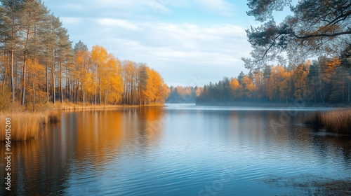 A scene of an expansive and serene lake. in the Autumn In the distance, by the lakeside, the trees have begun to don their yellow hues, exuding a sense of crisp coolness.