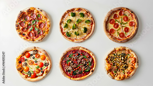 The top view showcases a set of hot pizzas with a variety of tasty toppings.