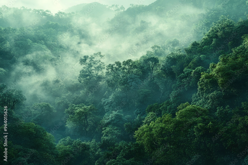 The scene captures the dense, lush green trees shrouded in a mystical layer of fog, creating a serene and tranquil atmosphere. The forest is rich with various shades of green, ai The scene captures the dense, lush green trees shrouded in a mystical layer of fog, creating a serene and tranquil atmosphere. The forest is rich with various shades of green, ai