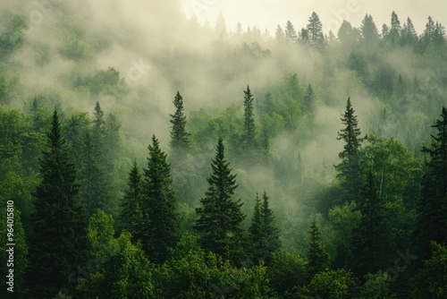 The scene captures the dense, lush green trees shrouded in a mystical layer of fog, creating a serene and tranquil atmosphere. The forest is rich with various shades of green, ai