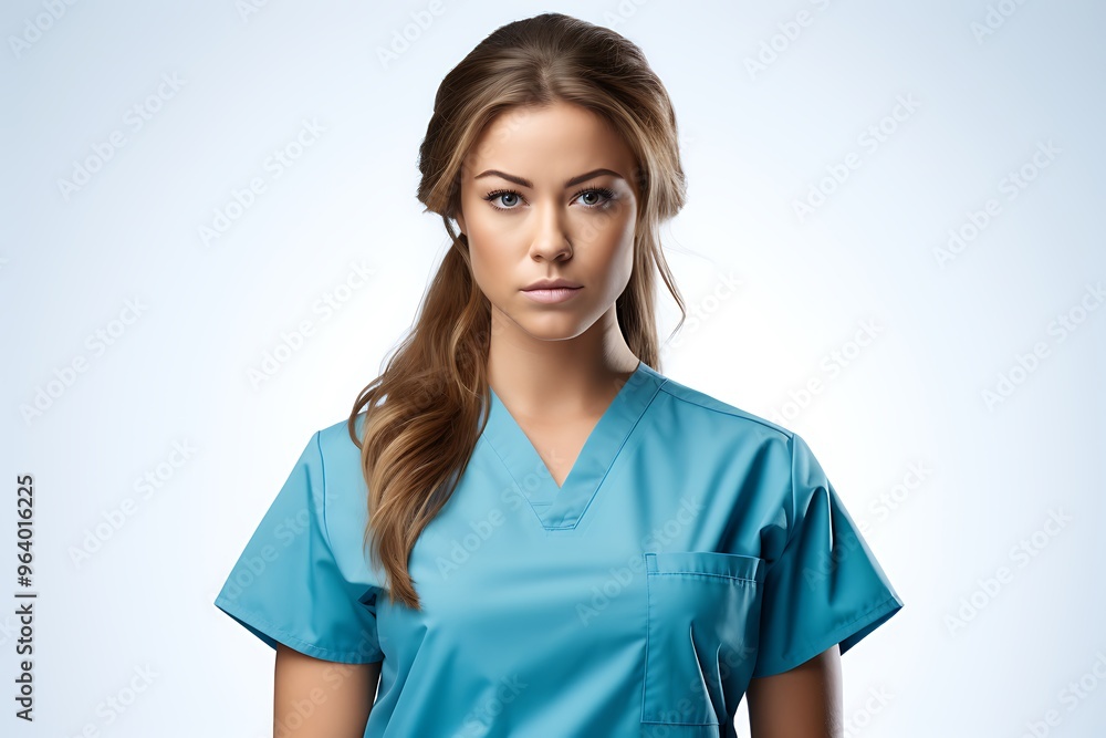 Portrait of beautiful young female doctor in blue scrubs, isolated on white background Portrait of beautiful young female doctor in blue scrubs, isolated on white background