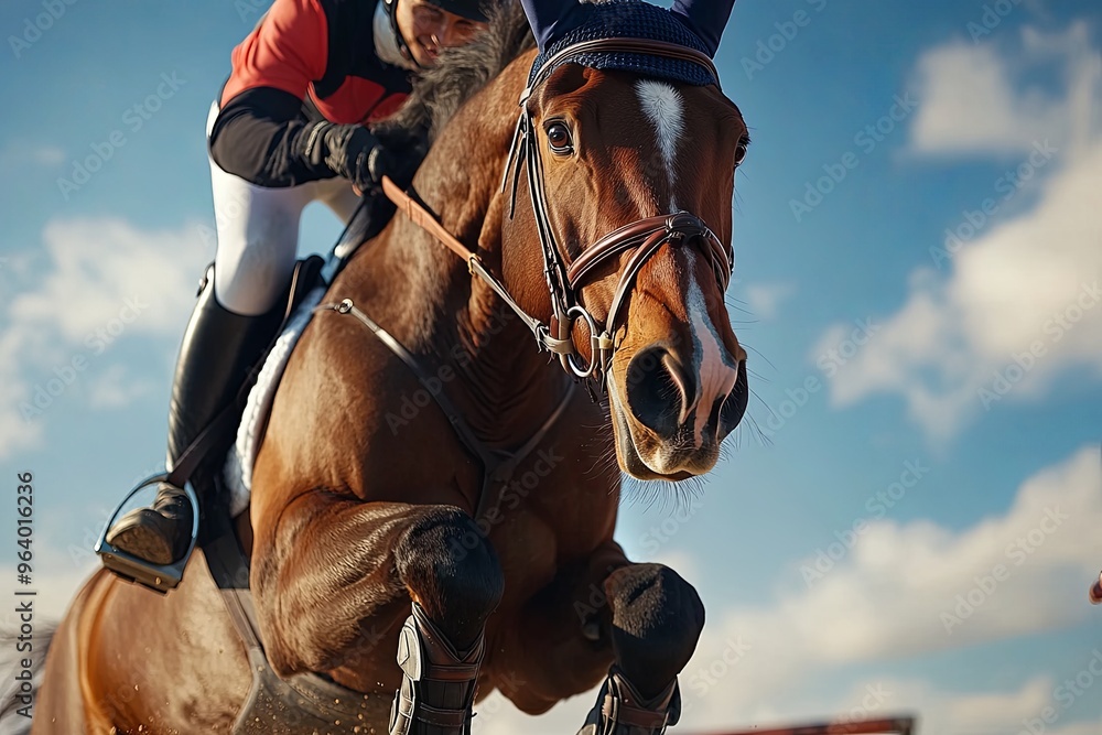 Obraz premium Horse and rider jumping over a fence during an equestrian competition on a sunny day in the countryside