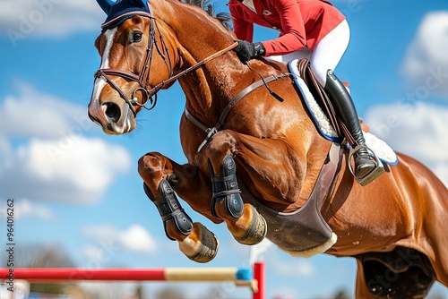 A rider in red and white jumps a horse over a colorful obstacle at a sunny equestrian event in a vibrant outdoor arena photo